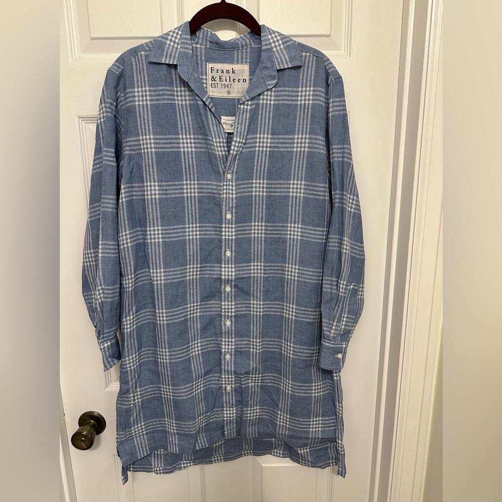Frank & Eileen Hunter Shirt Dress Size Small Linen Blue Plaid Long Sleeve - Picture 2 of 7